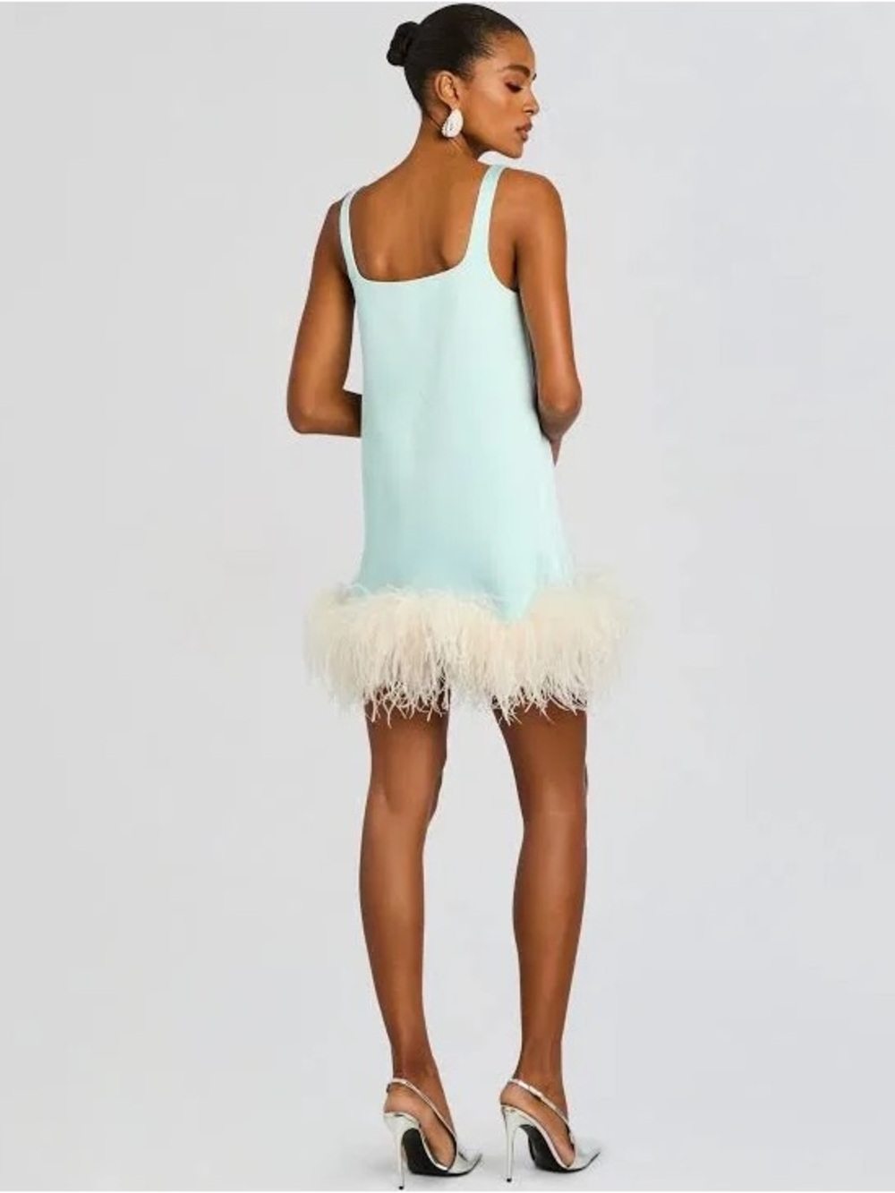 Retrofete Mint Feather-Hem Square-Neck Mini Dress - Picture 3 of 10